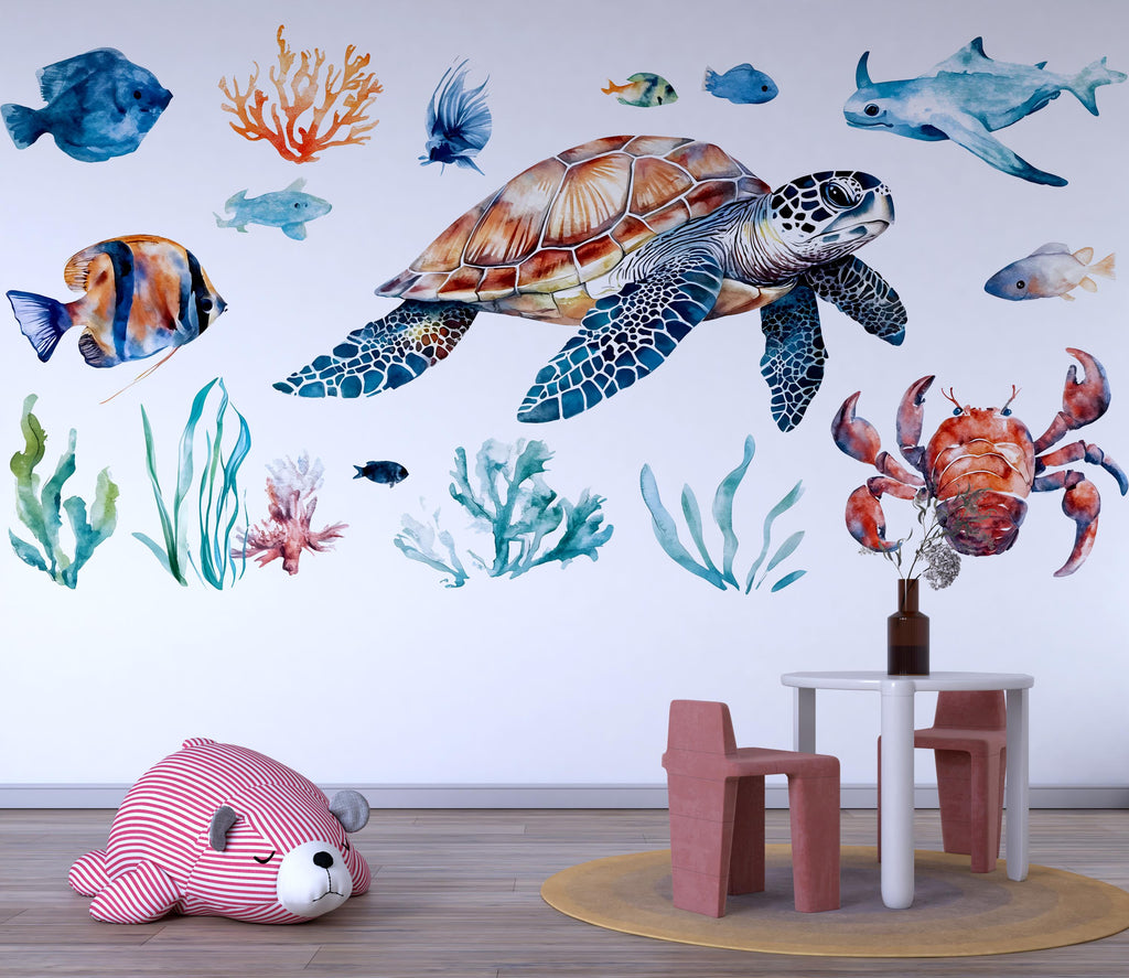 Ocean Sea Life Wall Decal, Sea Turtle Nursery Sticker, Underwater Kids Room Decor, Coral Reef Wall Art, Baby Room Wall Mural, Ocean Animals