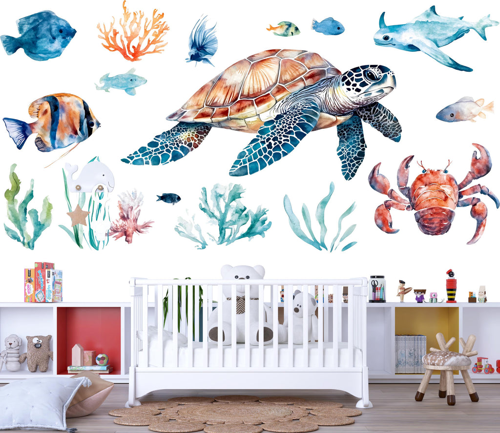 Ocean Sea Life Wall Decal, Sea Turtle Nursery Sticker, Underwater Kids Room Decor, Coral Reef Wall Art, Baby Room Wall Mural, Ocean Animals
