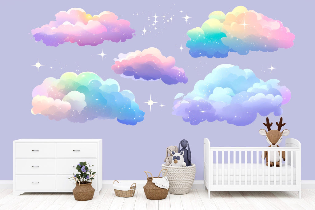 Rainbow Pastel Cloud Wall Decals • Kids Room Peel & Stick Cloud Stickers • Nursery Sky Mural • Removable Pastel Wall Art for Baby Rooms