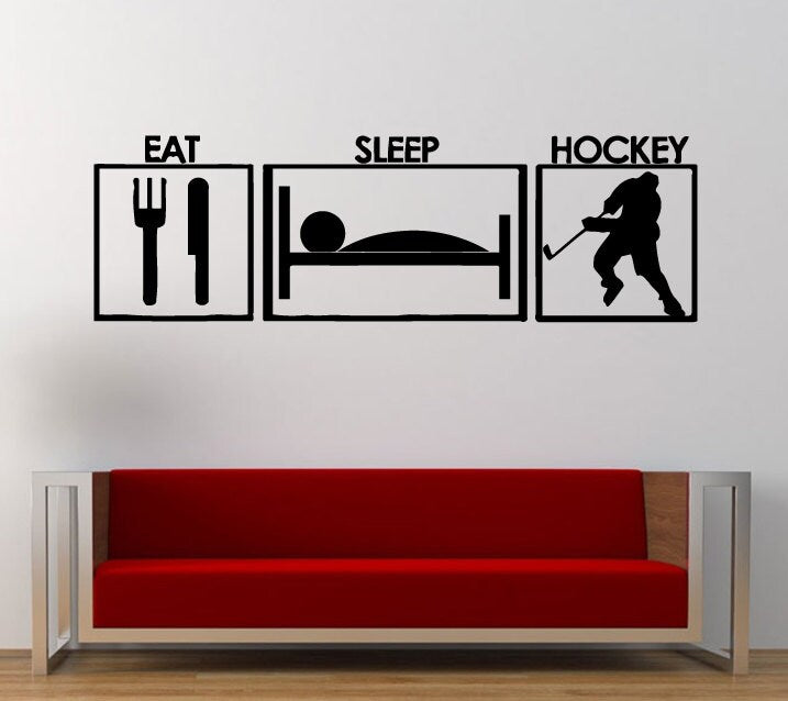 Eat Sleep Play Ice Hockey Repeat Sport Game Fun Outdoors Wall Decal Sticker Vinyl Mural Leaving Bedroom Room Home Decor FREE SHIPPING L282