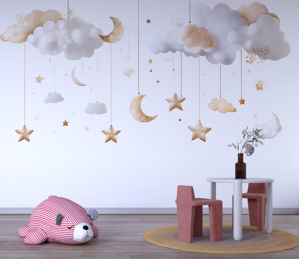 Gold Cloud And Moon Wall Decals • Neutral Nursery Sticker Set • Hanging Stars Peel & Stick Mural • Baby Room Wall Art • Removable Kids