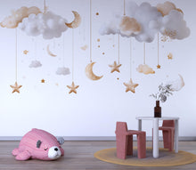 Load image into Gallery viewer, Gold Cloud And Moon Wall Decals • Neutral Nursery Sticker Set • Hanging Stars Peel &amp; Stick Mural • Baby Room Wall Art • Removable Kids