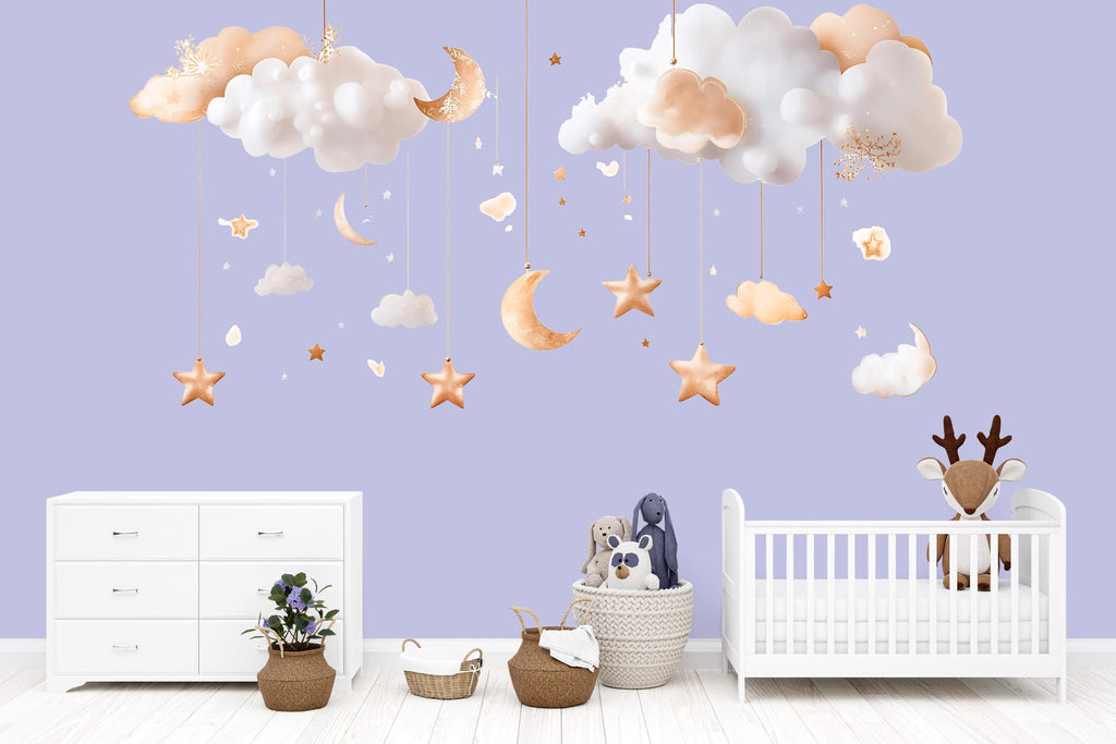 Gold Cloud And Moon Wall Decals • Neutral Nursery Sticker Set • Hanging Stars Peel & Stick Mural • Baby Room Wall Art • Removable Kids