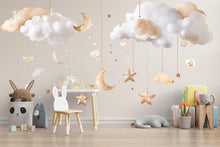 Load image into Gallery viewer, Gold Cloud And Moon Wall Decals • Neutral Nursery Sticker Set • Hanging Stars Peel &amp; Stick Mural • Baby Room Wall Art • Removable Kids