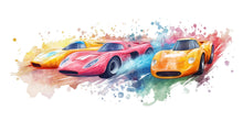 Load image into Gallery viewer, Watercolor Race Car Wall Decal • Boys Room Racing Sticker • Sports Car Mural Decor • Kids Bedroom Peel &amp; Stick Wall Art • Removable Wall art