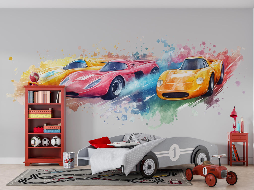 Watercolor Race Car Wall Decal • Boys Room Racing Sticker • Sports Car Mural Decor • Kids Bedroom Peel & Stick Wall Art • Removable Wall art