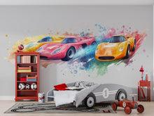 Load image into Gallery viewer, Watercolor Race Car Wall Decal • Boys Room Racing Sticker • Sports Car Mural Decor • Kids Bedroom Peel &amp; Stick Wall Art • Removable Wall art