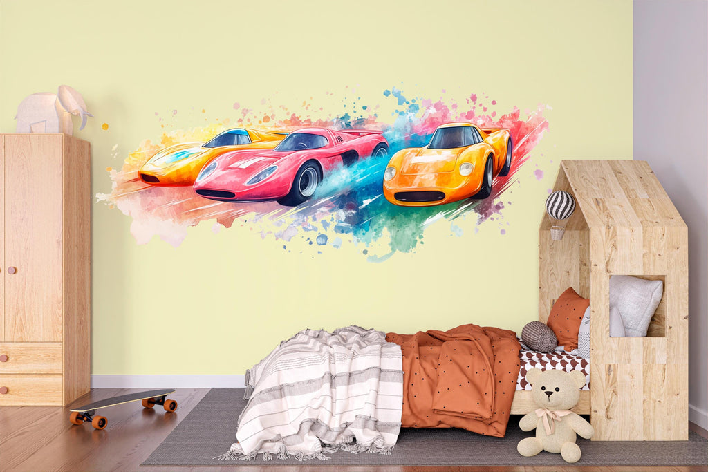 Watercolor Race Car Wall Decal • Boys Room Racing Sticker • Sports Car Mural Decor • Kids Bedroom Peel & Stick Wall Art • Removable Wall art
