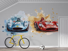 Load image into Gallery viewer, Vintage Race Car Wall Decal • Boys Room Racing Sticker • Watercolor Sports Car Mural • Kids Bedroom Peel &amp; Stick Decor • Removable Wall Art