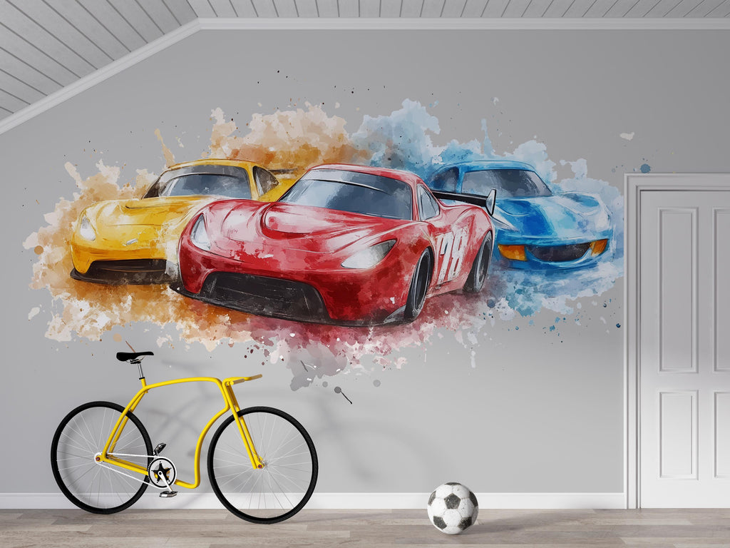 Watercolor Race Car Wall Decal • Boys Room Racing Mural • Sports Car Sticker Set • Kids Bedroom Peel & Stick Decor • Removable Wall Art