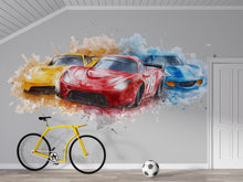 Load image into Gallery viewer, Watercolor Race Car Wall Decal • Boys Room Racing Mural • Sports Car Sticker Set • Kids Bedroom Peel &amp; Stick Decor • Removable Wall Art