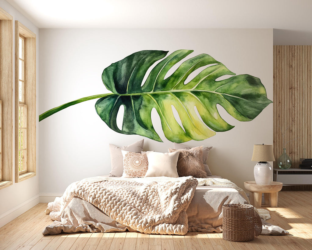 Large Monstera Leaf Wall Decal • Watercolor Jungle Plant Sticker • Botanical Wall Art Mural • Peel & Stick Bedroom Decor • Removable Wall
