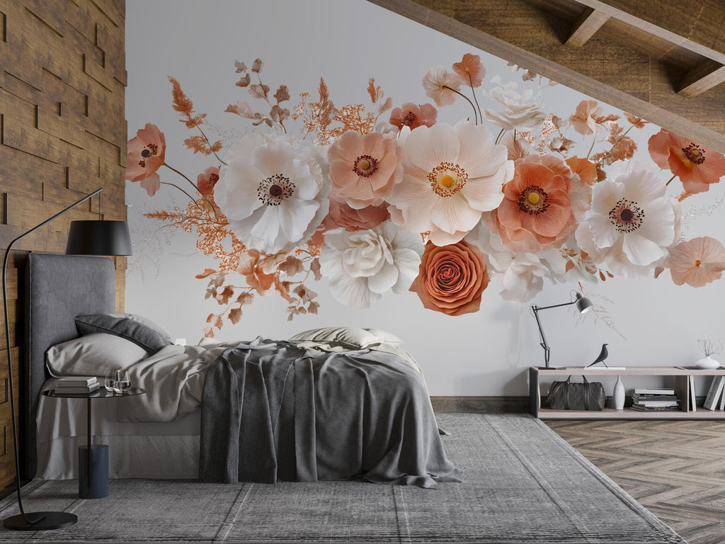 Large Floral Wall Decal • Neutral Boho Flower Mural Sticker • Bedroom Peel & Stick Wall Art • Beige Terracotta Bouquet Decor • Removable art