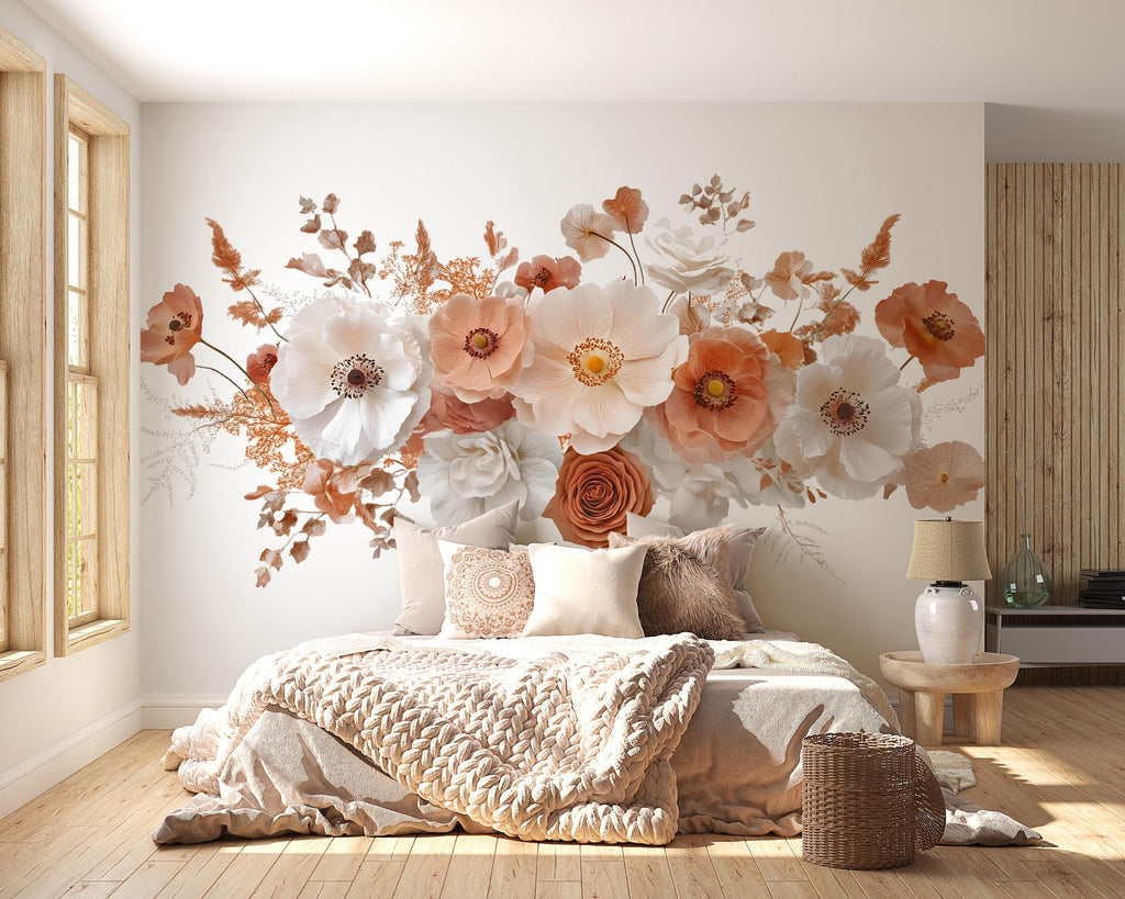 Large Floral Wall Decal • Neutral Boho Flower Mural Sticker • Bedroom Peel & Stick Wall Art • Beige Terracotta Bouquet Decor • Removable art