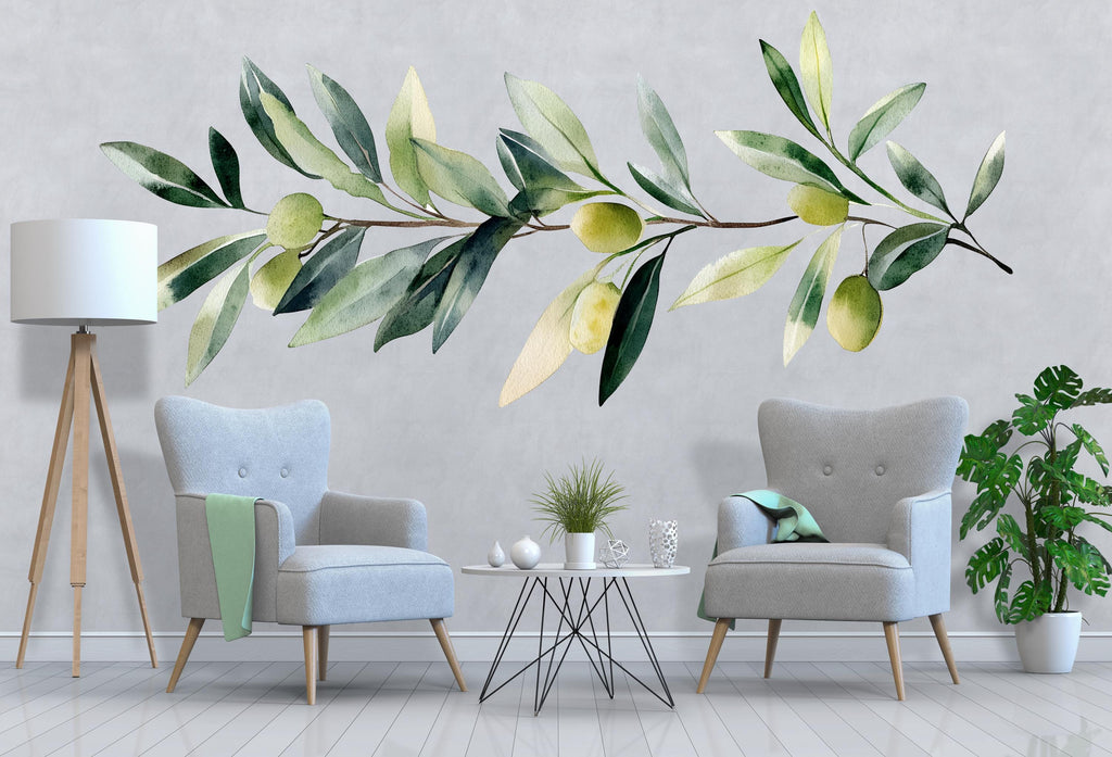 Olive Branch Wall Decal • Watercolor Botanical Sticker • Mediterranean Peel & Stick Mural • Kitchen Bedroom Living Room Decor