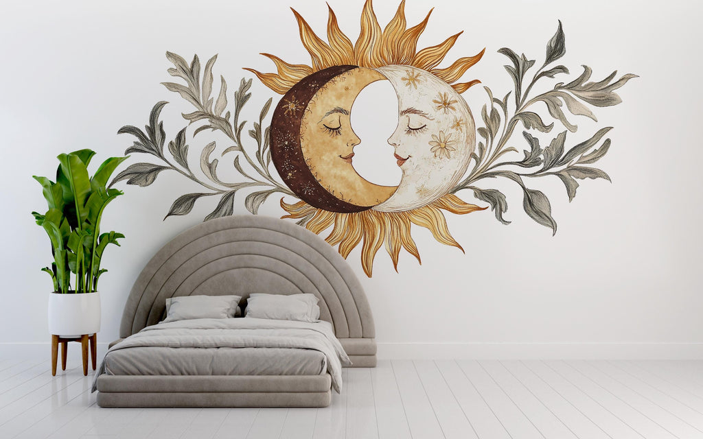 Sun and Moon Wall Decal • Boho Celestial Mural with Leaves • Spiritual Bedroom Peel & Stick Wall Art • Neutral Sun Moon Sticker