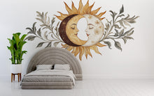 Load image into Gallery viewer, Sun and Moon Wall Decal • Boho Celestial Mural with Leaves • Spiritual Bedroom Peel &amp; Stick Wall Art • Neutral Sun Moon Sticker