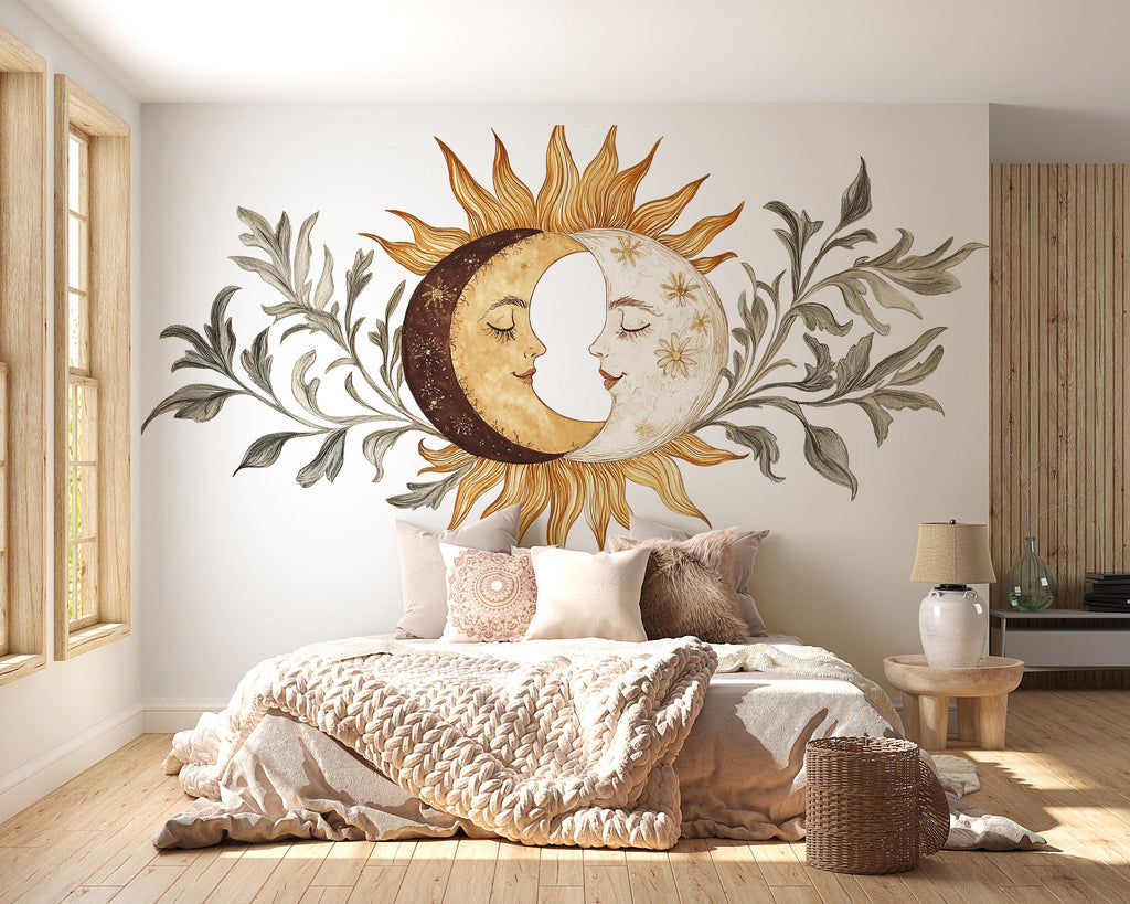 Sun and Moon Wall Decal • Boho Celestial Mural with Leaves • Spiritual Bedroom Peel & Stick Wall Art • Neutral Sun Moon Sticker