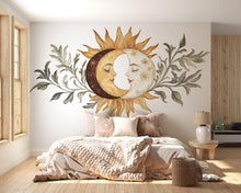 Load image into Gallery viewer, Sun and Moon Wall Decal • Boho Celestial Mural with Leaves • Spiritual Bedroom Peel &amp; Stick Wall Art • Neutral Sun Moon Sticker