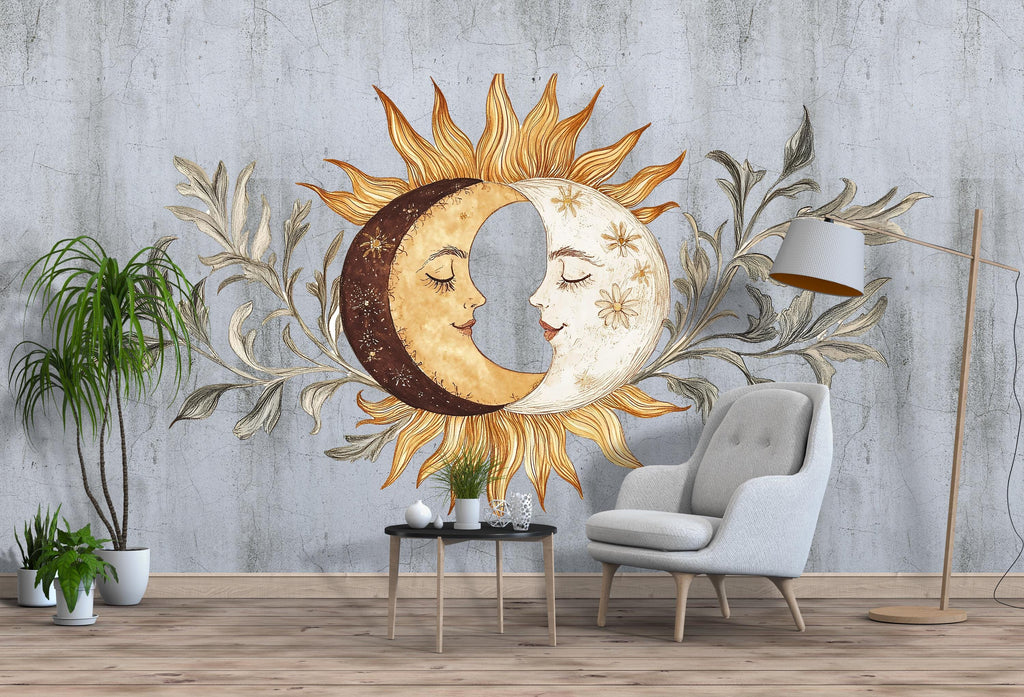 Sun and Moon Wall Decal • Boho Celestial Mural with Leaves • Spiritual Bedroom Peel & Stick Wall Art • Neutral Sun Moon Sticker