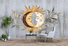 Load image into Gallery viewer, Sun and Moon Wall Decal • Boho Celestial Mural with Leaves • Spiritual Bedroom Peel &amp; Stick Wall Art • Neutral Sun Moon Sticker