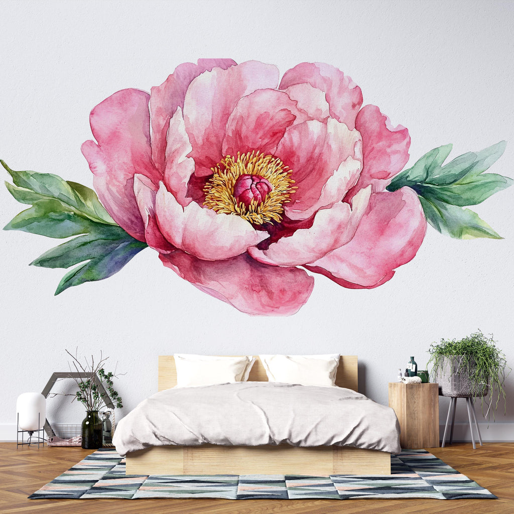 Large Peony Wall Decal • Pink Flower Mural Sticker • Watercolor Floral Bedroom Decor • Peel & Stick Wall Art • Removable Botanical Mural