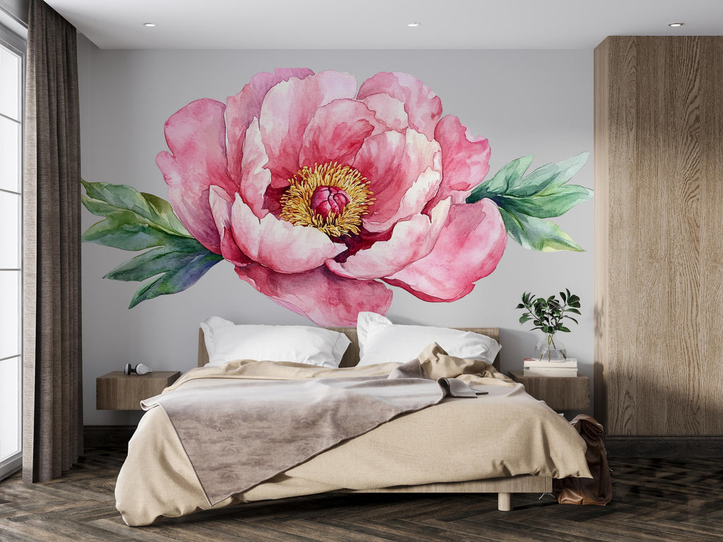 Large Peony Wall Decal • Pink Flower Mural Sticker • Watercolor Floral Bedroom Decor • Peel & Stick Wall Art • Removable Botanical Mural