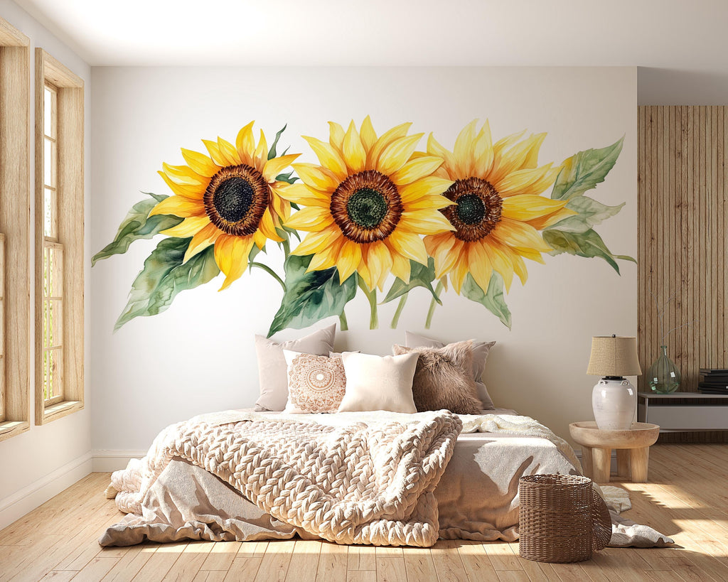 Large Sunflower Wall Decal • Bright Floral Mural Sticker • Watercolor Sunflower Wall Art • Peel & Stick Living Room Decor