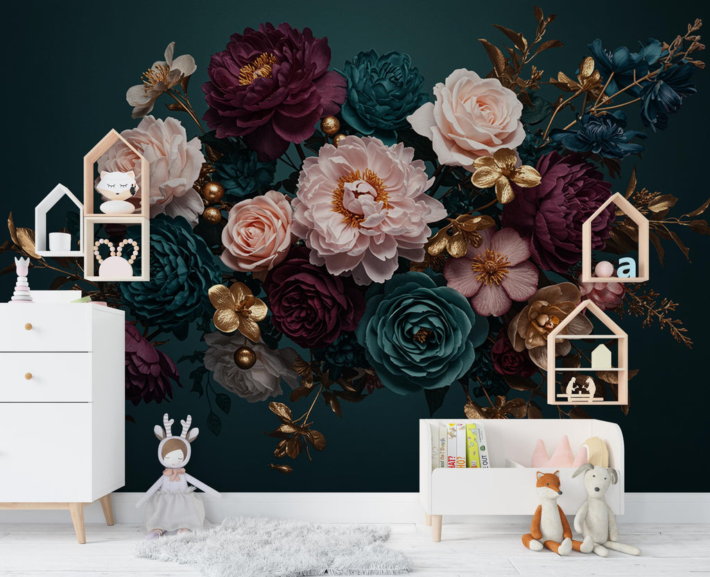 Floral Rose Wallpaper – Large Peony & Rose Mural Gold rose | Romantic Botanical Wall Art, floral Style Decor 1003RS