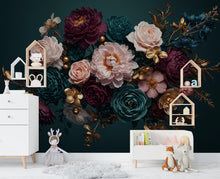 Load image into Gallery viewer, Floral Rose Wallpaper – Large Peony &amp; Rose Mural Gold rose | Romantic Botanical Wall Art, floral Style Decor 1003RS