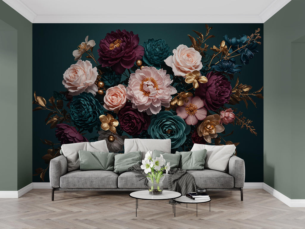 Floral Rose Wallpaper – Large Peony & Rose Mural Gold rose | Romantic Botanical Wall Art, floral Style Decor 1003RS