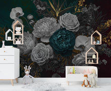 Load image into Gallery viewer, Floral Rose Wallpaper – Large Peony &amp; Rose Mural Gold rose | Romantic Botanical Wall Art, floral Style Decor 1004RS