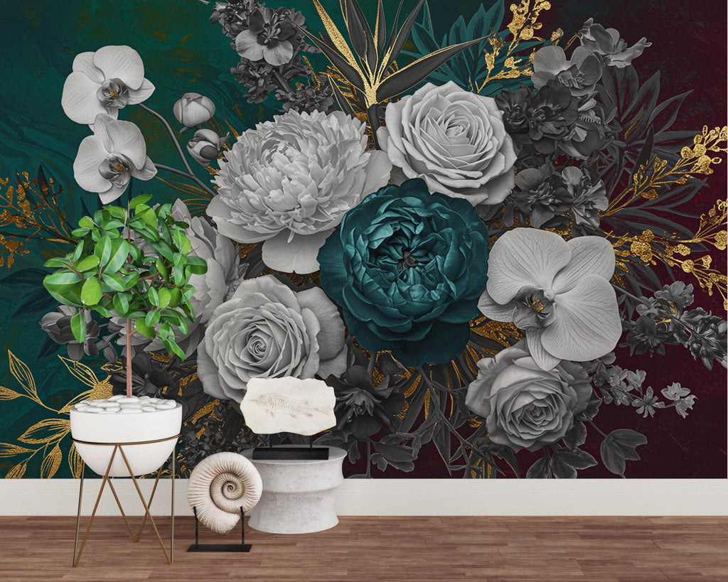 Floral Rose Wallpaper – Large Peony & Rose Mural Gold rose | Romantic Botanical Wall Art, floral Style Decor 1004RS