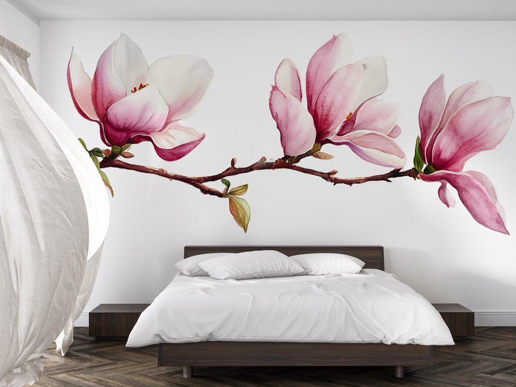Magnolia Wall Decal • Large Watercolor Flower Branch Mural • Pink Floral Peel & Stick Wall Art • Removable Bedroom Sticker • Botanical Decor
