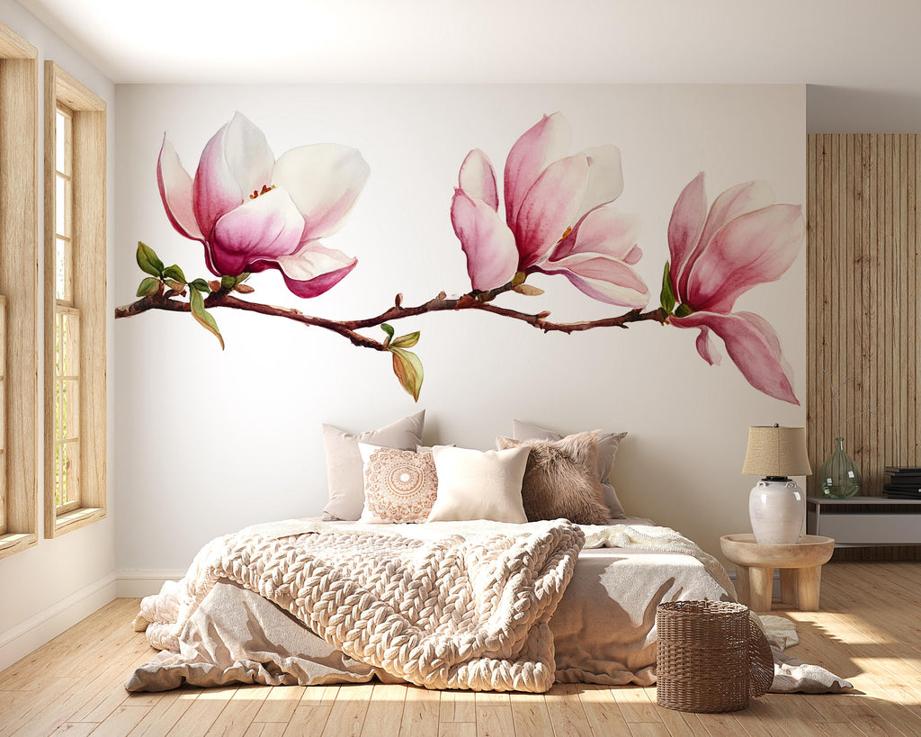 Magnolia Wall Decal • Large Watercolor Flower Branch Mural • Pink Floral Peel & Stick Wall Art • Removable Bedroom Sticker • Botanical Decor