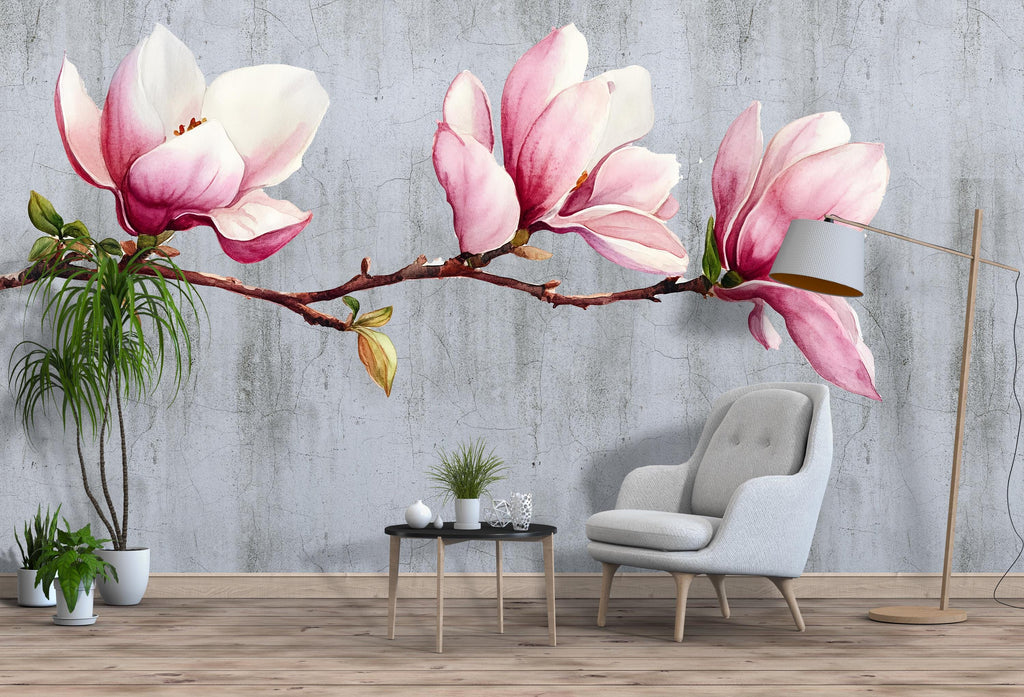 Magnolia Wall Decal • Large Watercolor Flower Branch Mural • Pink Floral Peel & Stick Wall Art • Removable Bedroom Sticker • Botanical Decor