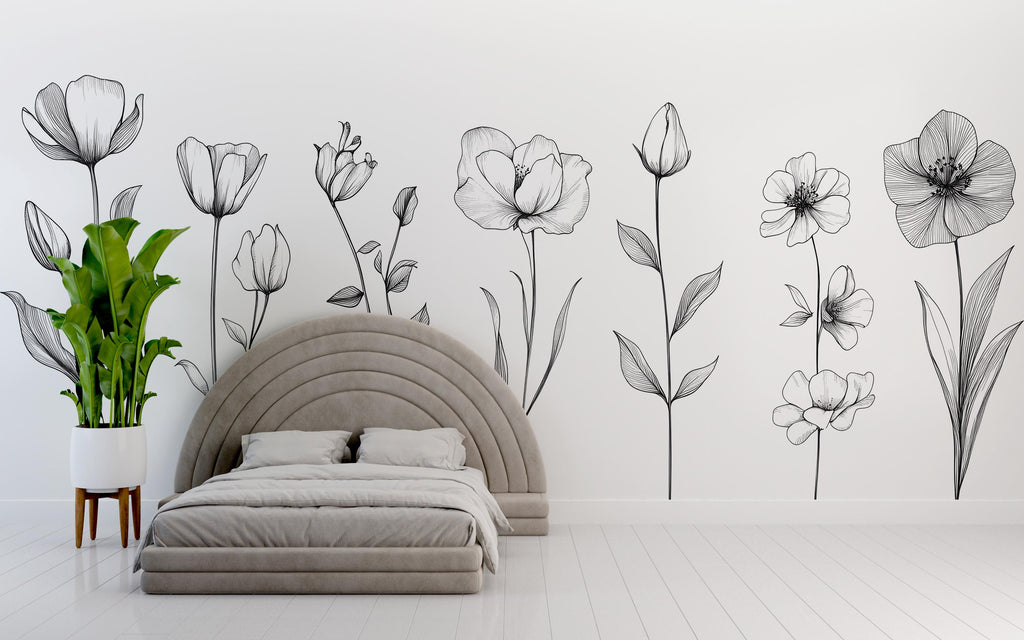 Black and White Botanical Floral Wall Decal • Minimalist Line Art Flowers Sticker • Modern Large Wall Decor for Bedroom, Nursery or Living