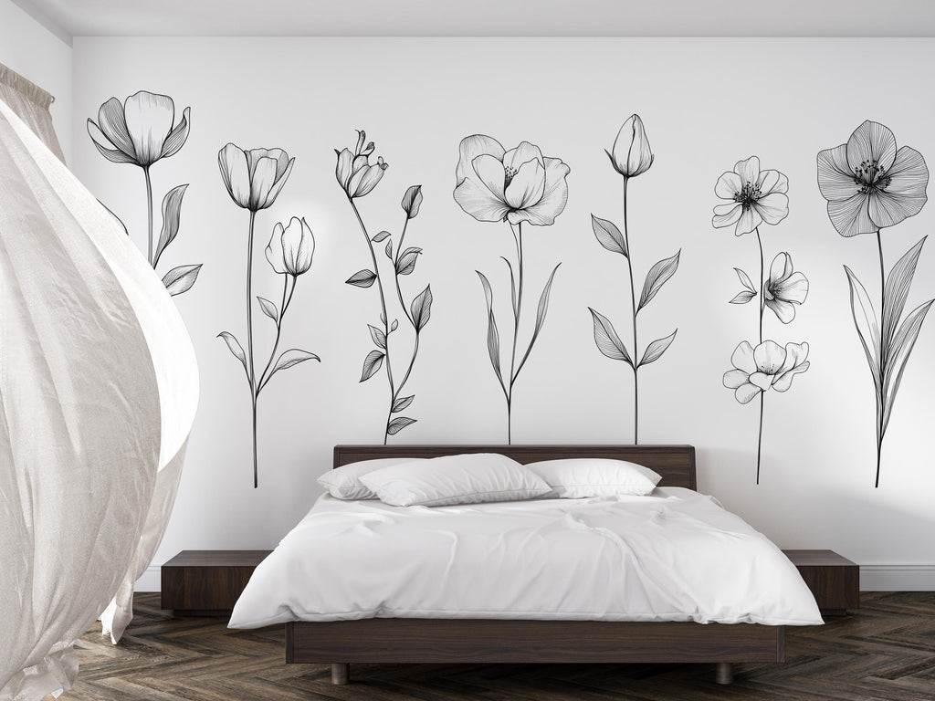 Black and White Botanical Floral Wall Decal • Minimalist Line Art Flowers Sticker • Modern Large Wall Decor for Bedroom, Nursery or Living