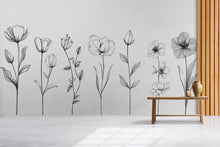 Load image into Gallery viewer, Black and White Botanical Floral Wall Decal • Minimalist Line Art Flowers Sticker • Modern Large Wall Decor for Bedroom, Nursery or Living