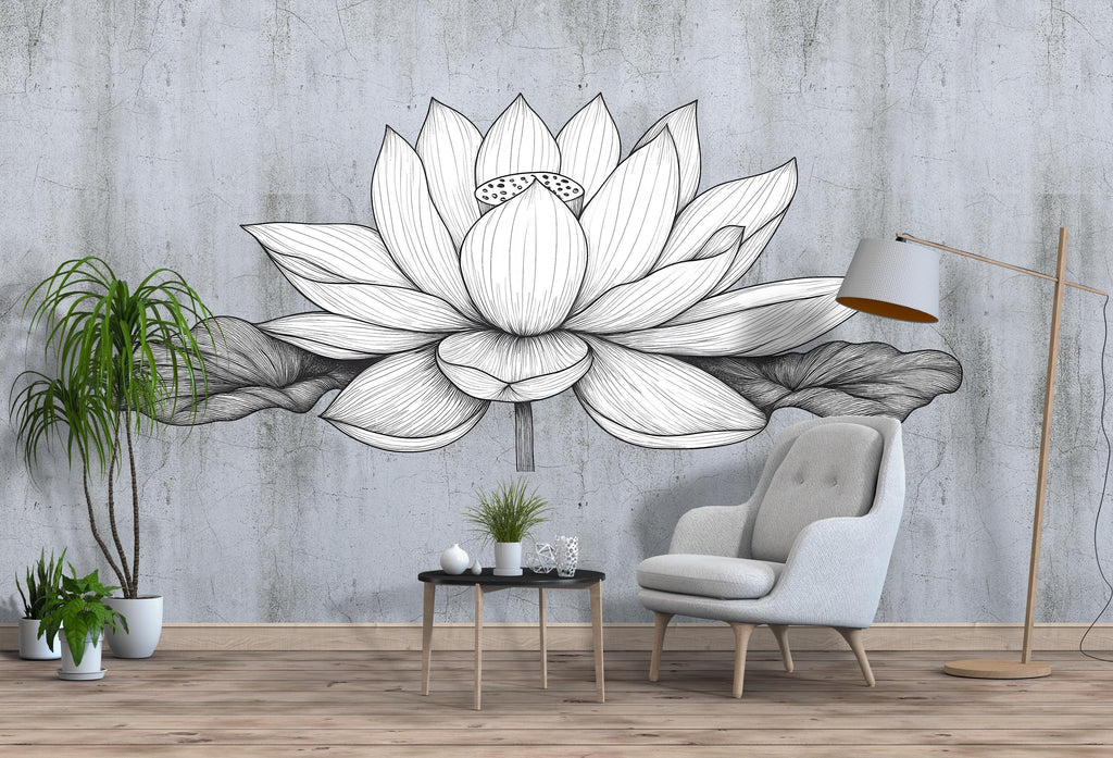 Large Lotus Flower Wall Decal • Minimalist Line Art Floral Mural • Black and White Botanical Wall Sticker for Bedroom, Yoga or Meditation