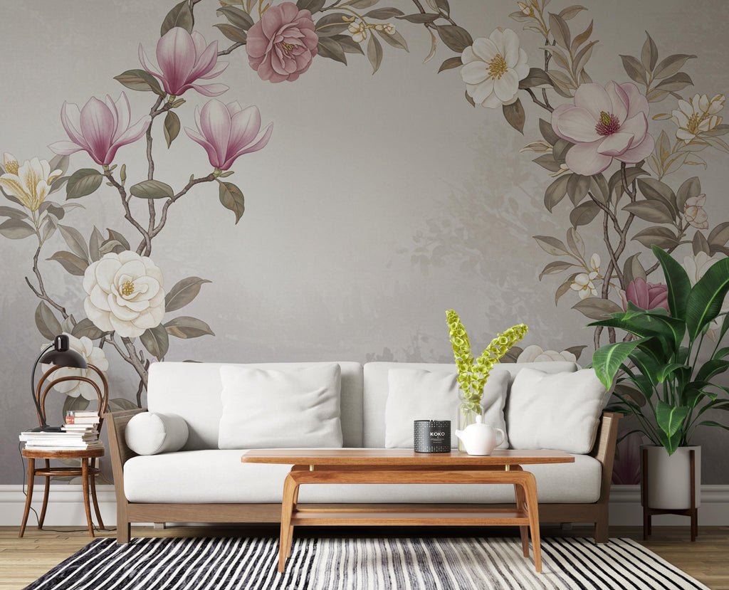 Elegant Magnolia Tree Wall Mural – Hand-Painted Watercolor Blossoms in Blush Pink & White | Romantic Floral Wallpaper 986RS