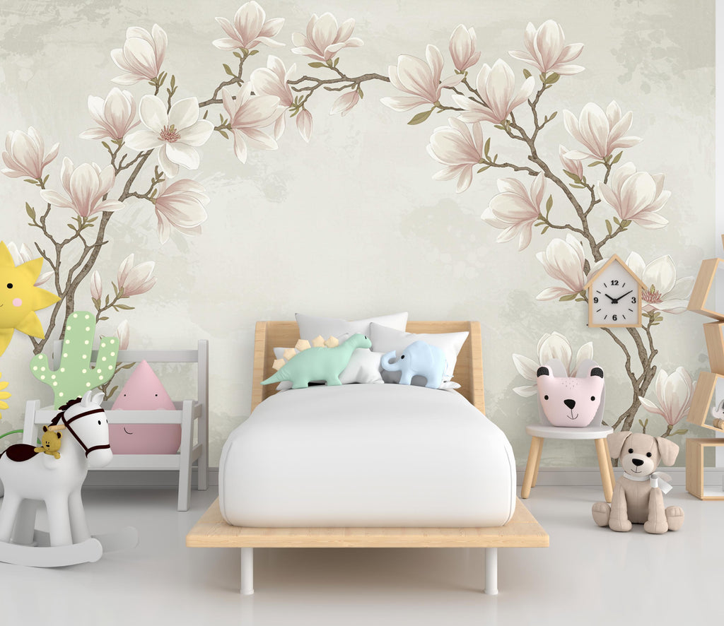 Elegant Magnolia Tree Wall Mural – Hand-Painted Watercolor Blossoms | Romantic Floral Wallpaper 988RS