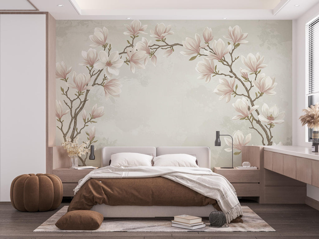 Elegant Magnolia Tree Wall Mural – Hand-Painted Watercolor Blossoms | Romantic Floral Wallpaper 988RS