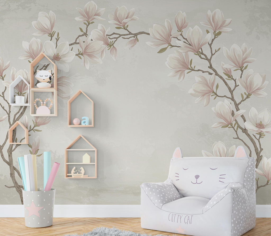 Elegant Magnolia Tree Wall Mural – Hand-Painted Watercolor Blossoms | Romantic Floral Wallpaper 988RS