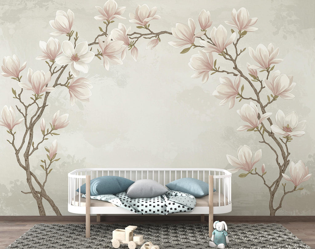 Elegant Magnolia Tree Wall Mural – Hand-Painted Watercolor Blossoms | Romantic Floral Wallpaper 988RS