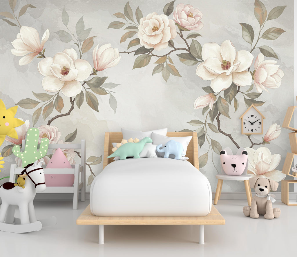 Magnolia Wallpaper Wall Mural – Hand-Painted Watercolor Blossoms | Romantic Floral Wallpaper 989RS