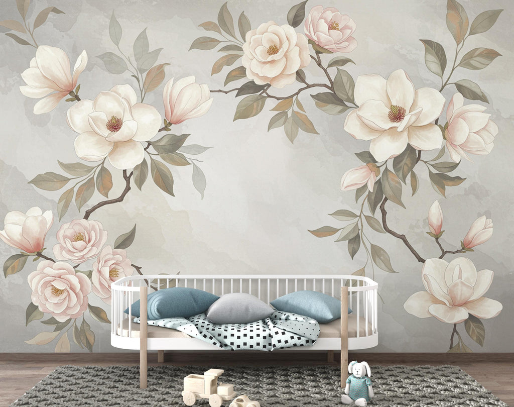 Magnolia Wallpaper Wall Mural – Hand-Painted Watercolor Blossoms | Romantic Floral Wallpaper 989RS