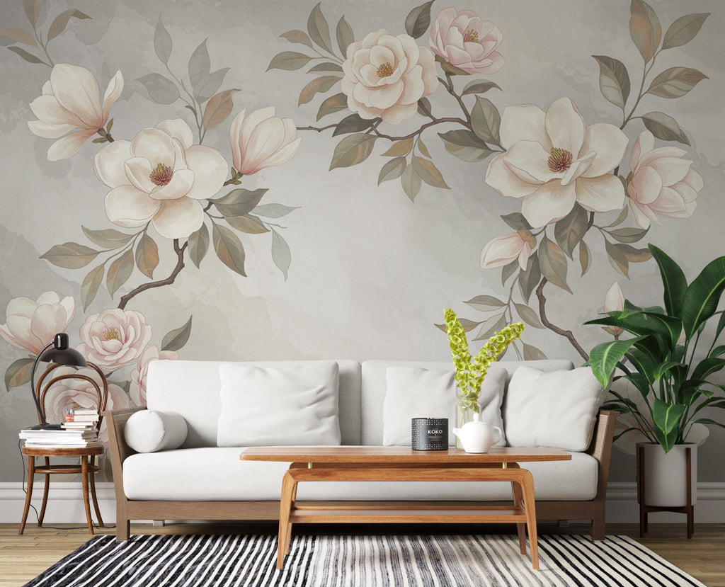 Magnolia Wallpaper Wall Mural – Hand-Painted Watercolor Blossoms | Romantic Floral Wallpaper 989RS