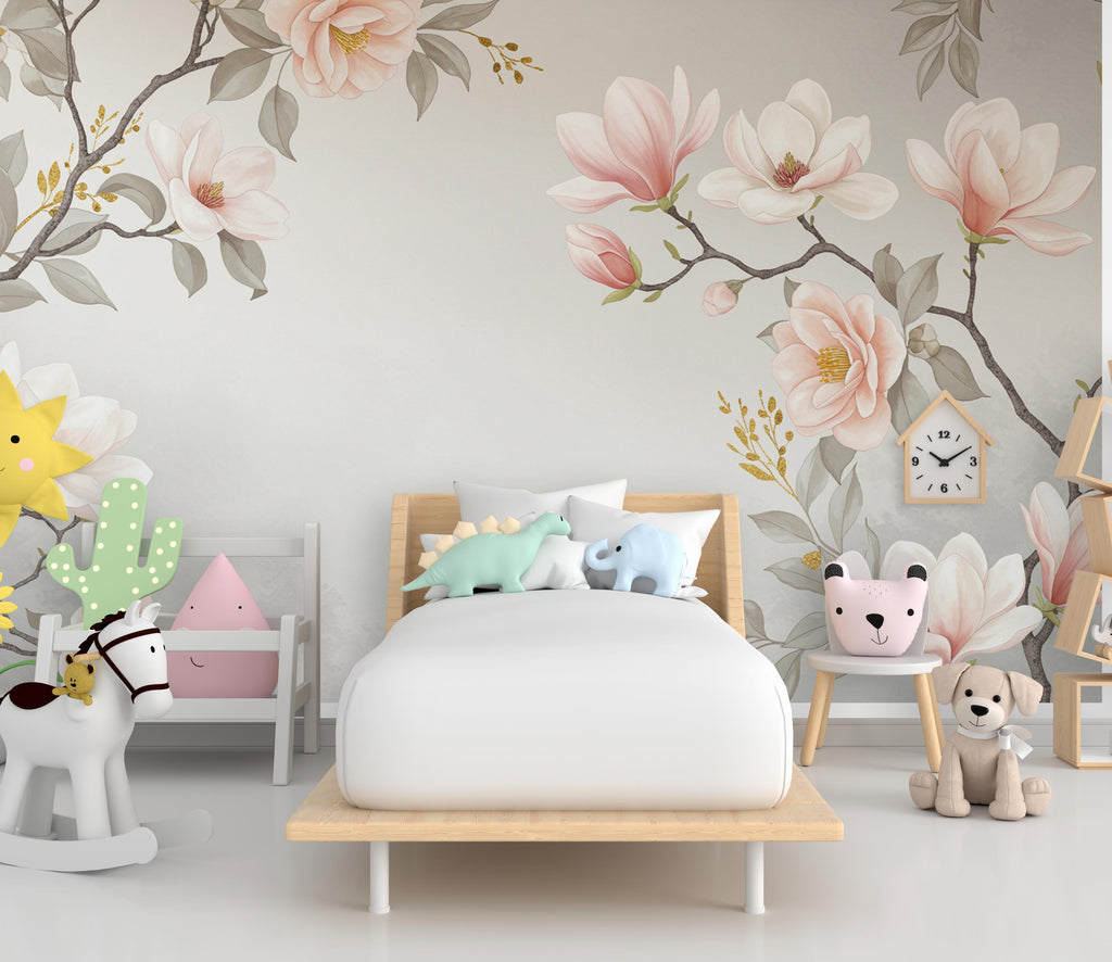 Magnolia Wallpaper Wall Mural – Hand-Painted Watercolor Blossoms | Romantic Floral Wallpaper 990RS