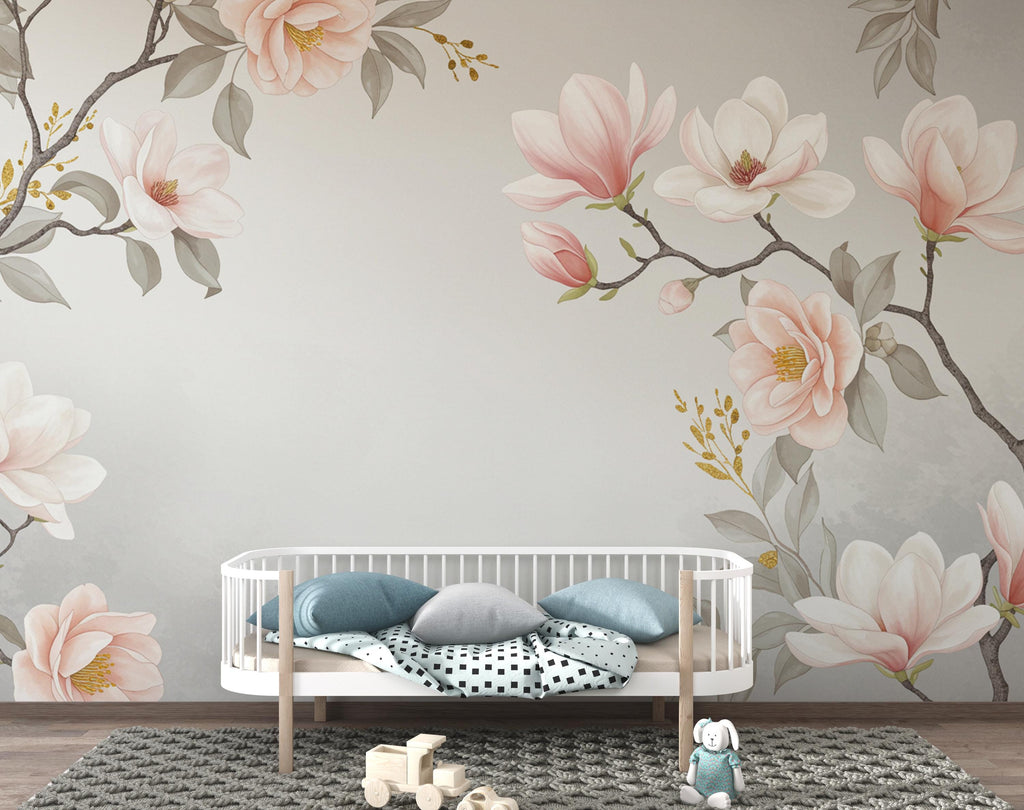 Magnolia Wallpaper Wall Mural – Hand-Painted Watercolor Blossoms | Romantic Floral Wallpaper 990RS